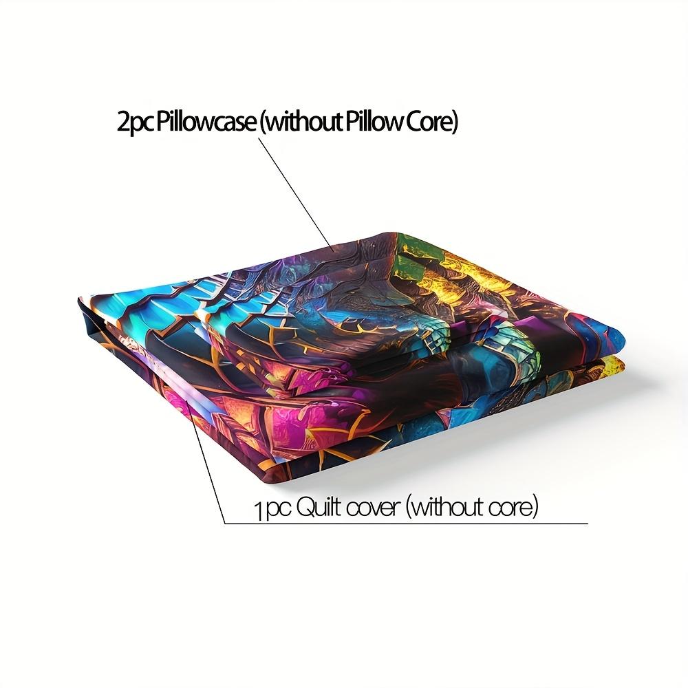 3pcs Animal Print Bedding Set Ancient Castle Guardian Dragon Colorful Fire Dragon Duvet Cover Set, Breathable 100% Polyester