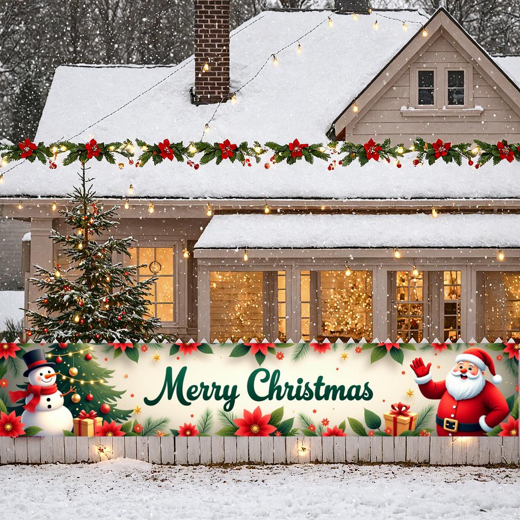 Seasonal Decoration Poinsettia Pattern Holiday Banner Christmas Party Decor Santa Claus Theme Christmas Banner For Holiday Party