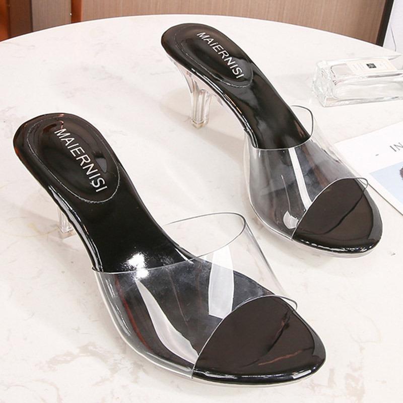 Transparent Crystal Heel High Heel Sandals Fairy Style Thin Heel Fish Mouth Sandals European and American Summer New Model Show