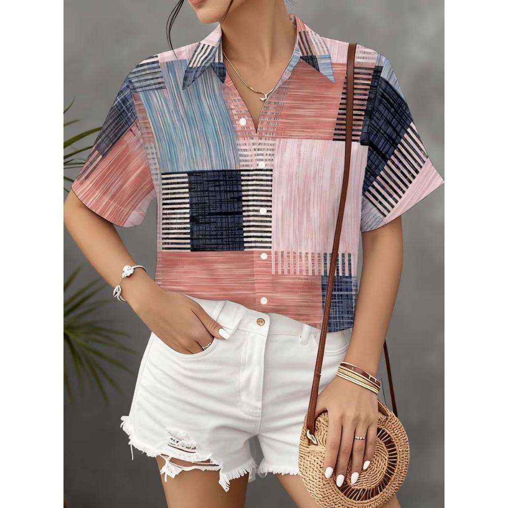 Women s retro geometric striped printed button short sleeved shirt with a lapel top, summer casual short sleeved shirt S