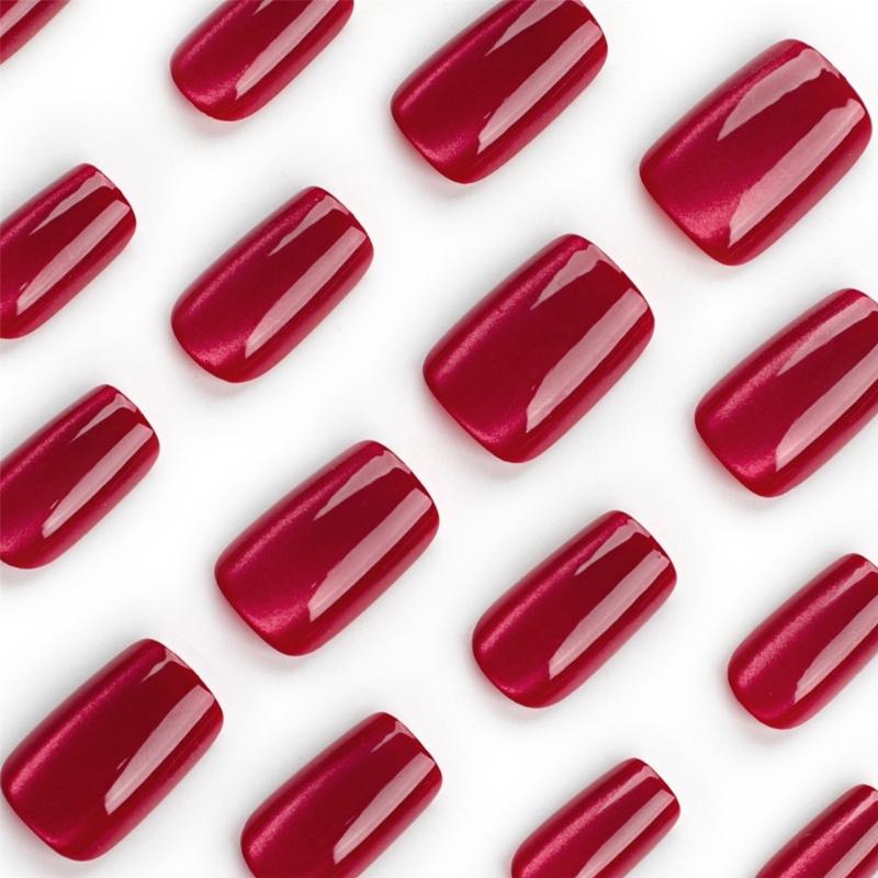 Medium Short False Nails Full Cover Stick on Nails Cat Eye Press on Nails Women