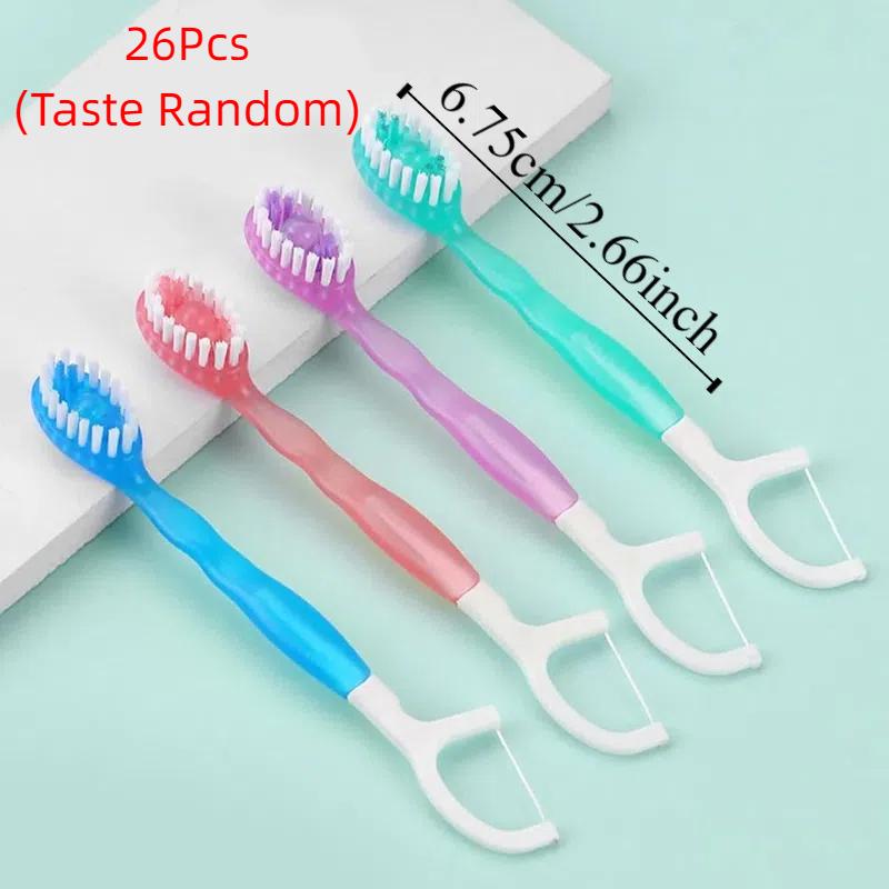 26Pcs 5 In 1 Mini Travel Toothbrushes Oral Care Soft Toothbrush with Freshening Bead with Floss&Toothpaste&Tongue Scraper