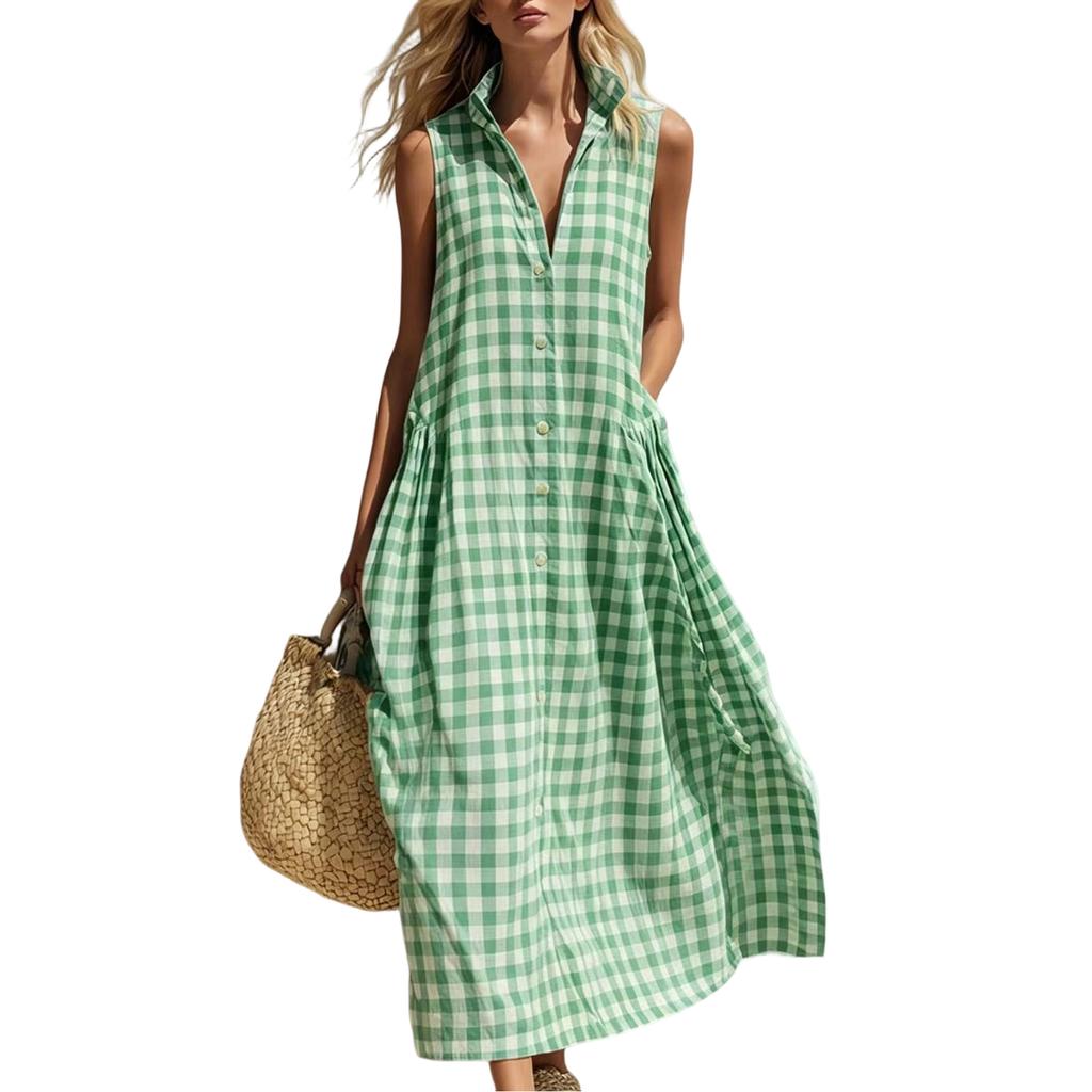 Women’s Sleeveless Maxi Dress Button Down Loose Fit Long Dress with Collared Neckline for Beach or Vacation Wear