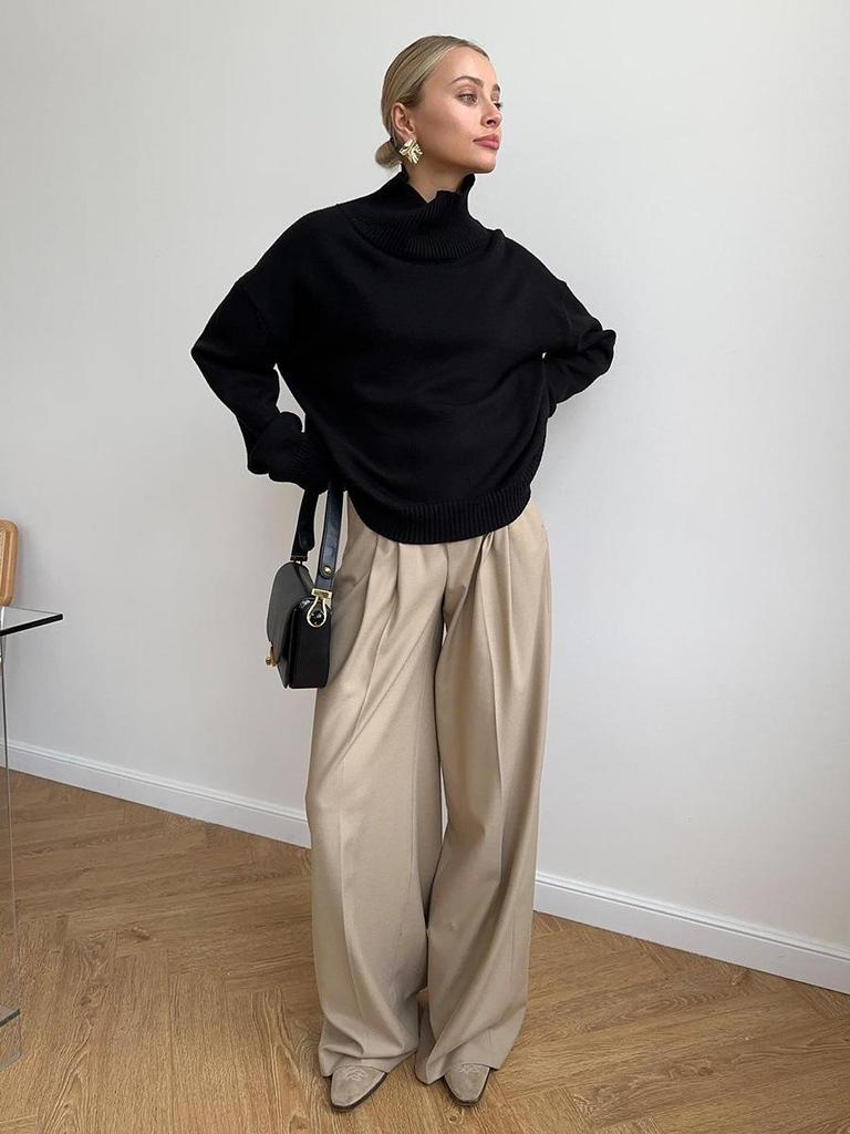 2025 European & American High Neck Casual Solid Color Knit Sweater - Autumn/Winter Versatile