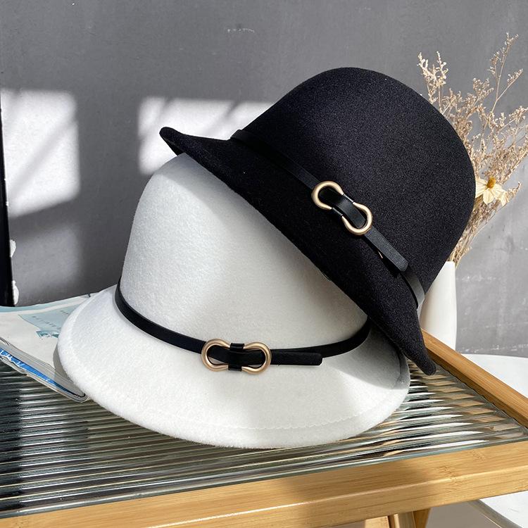 Hat women's autumn and winter new woolen top hat women's belt bucket hat casual versatile dome thermal basin hat