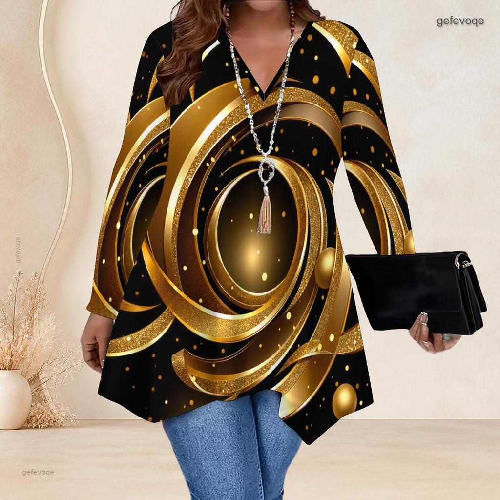 Women Plus Size V Neck Long Sleeve Irregular Split Hem Tunic Top Black Golden Swirl Print