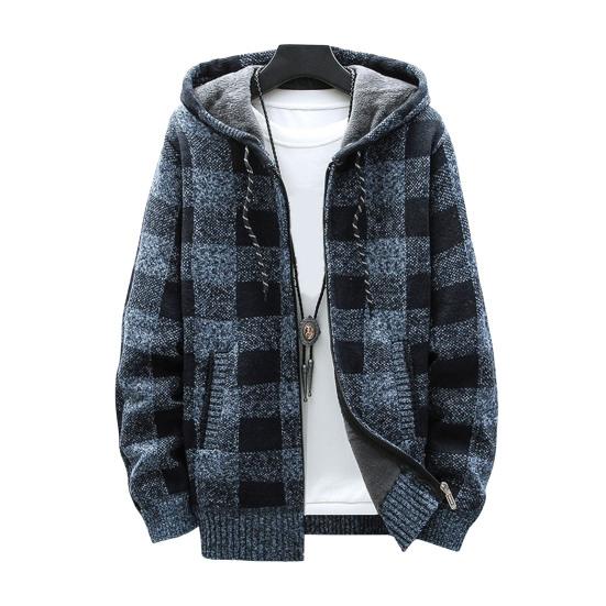 Zimowa męska bluza z kapturem Pluszowy dzianinowy płaszcz Długie rękawy Zapinana na zamek z kapturem Odzież wierzchnia Luźny krój Kraciasty wzór Gruba ciepła Podwójne kieszenie Sport Outdoor Praca Codzienna