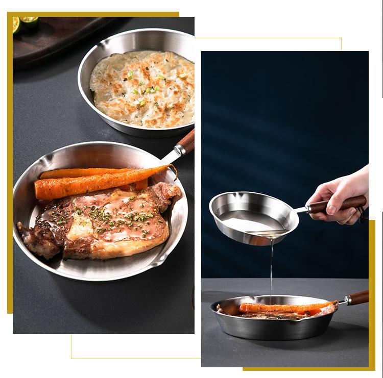 Mini Patelnia ze stali nierdzewnej 304 z płaskim dnem, drewnianą rączką i osłoną przeciw pryskaniu, niepowlekana patelnia do omletów