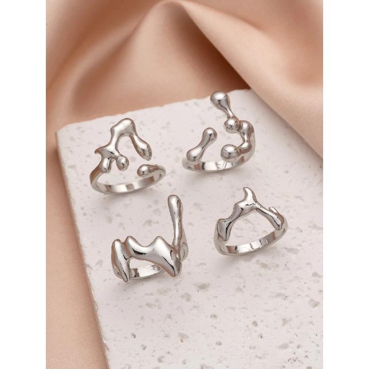 

4PCS Hip Hop Fashion Geometric Water Drop Shape Women s Ring Set Music Festival Ball Jewelry silvery