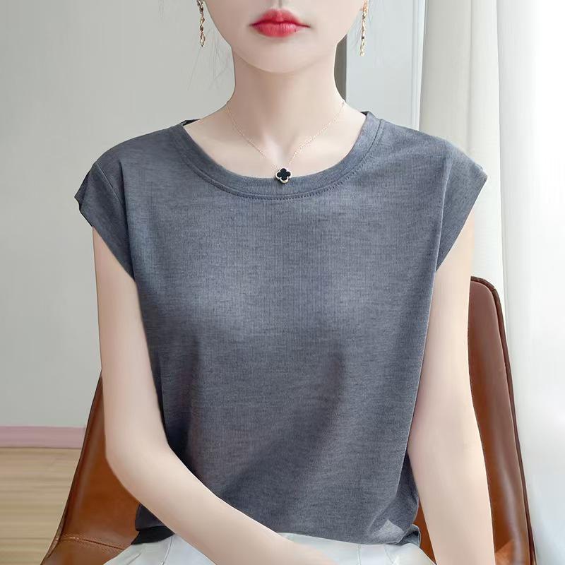 2026 Spring Women's Puff Sleeve Knit T-Shirt - Solid Color, Round Neck
