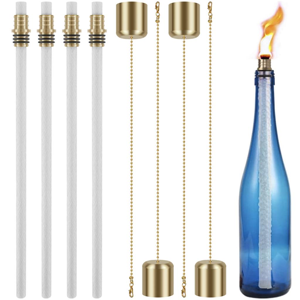 12Pcs Wine Bottle Torch Kit Garden DIY Wine Bottle Torch Décor with 4 Torch Wicks 4 Brass Torch Wick Holders and 4 Brass Covers