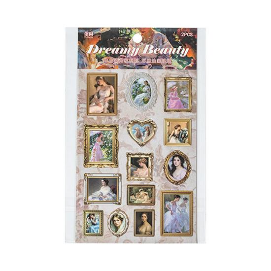 Yuxian Antique Collection: Embossed Oil Painting Stickers - Retro European Style, Journal Decoration, 2 Sheets, 4 Designs.