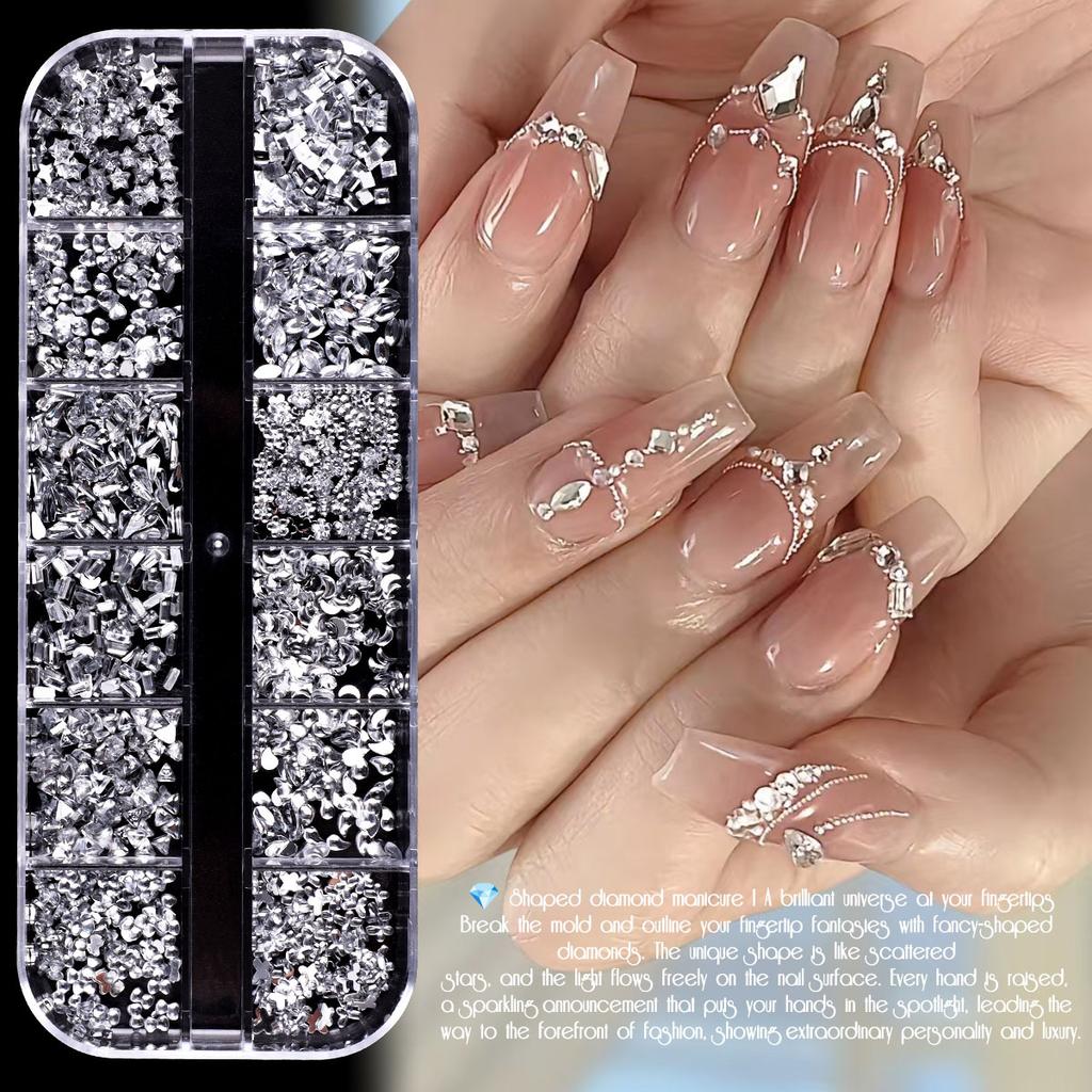 Nail Art Schmuck 12 Gitter Silber Mini Speziell geformter Diamant Acryl Stern Liebe Wassertropfen Schleife Gemischt Flachboden Diamant