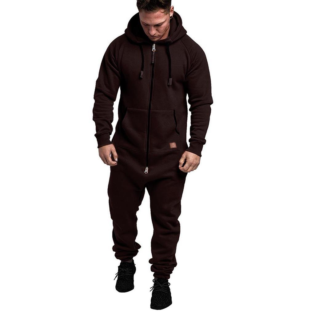 Men's Solid Color Hooded Fleece Jumpsuit