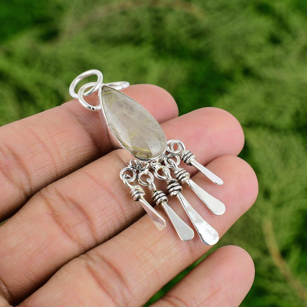 Sterling Silver Golden Rutile Gemstone Engagement Daughter Wedding Bezel Pendant