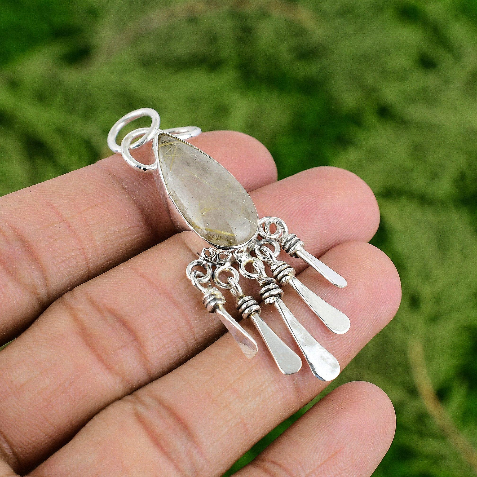 

Sterling Silver Golden Rutile Gemstone Engagement Daughter Wedding Bezel Pendant