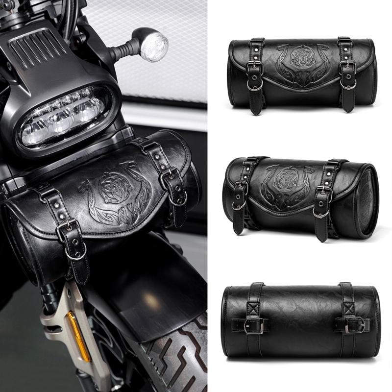 Motorcycle Front Tool Bag Gothic Style Design PU Leather Construction Waterproof Storage Easy Installation