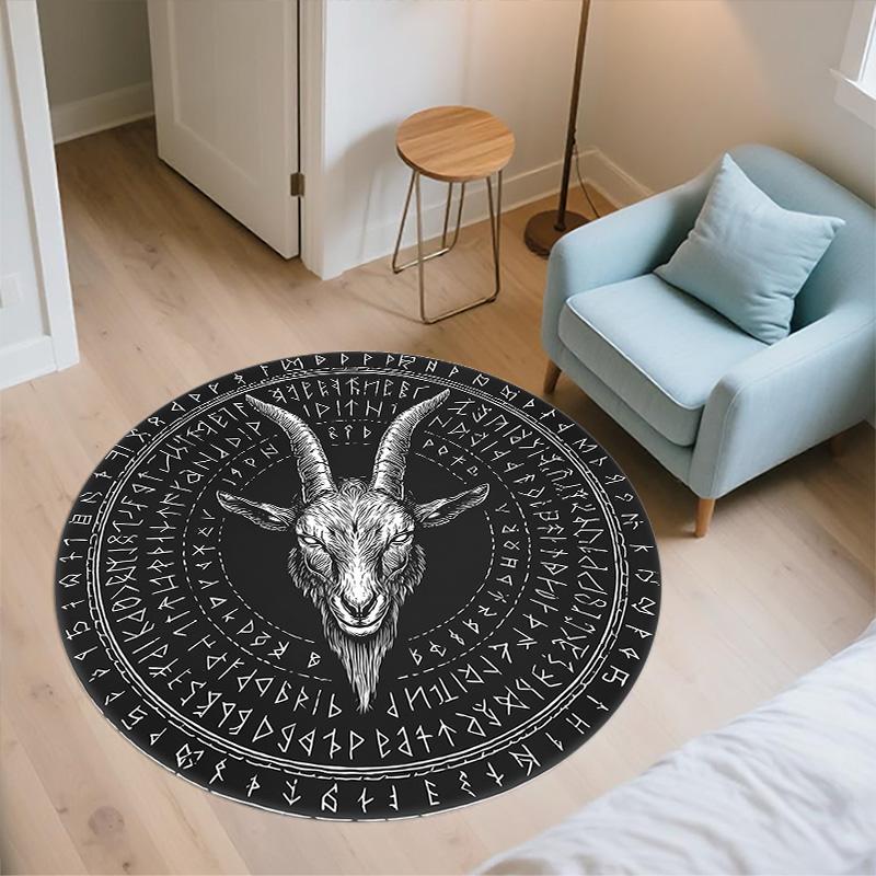 Tappeto Rotondo con Testa di Ariete Runica, Tappeto per Soggiorno Camera da Letto Divano Sala Giochi Decorazione, Tappetino Antiscivolo
