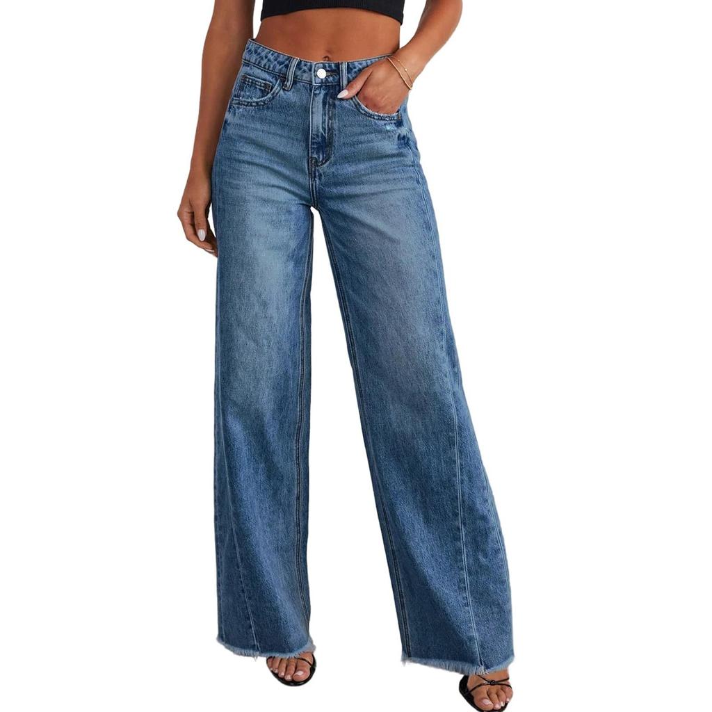 Women's Jeans Casual And Fashionable Straight Leg Elastic Fringed Denim Pants