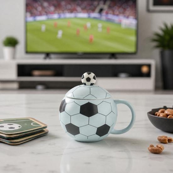 Sports Theme Soccer Cup with Lid, 400ml Ceramic Football Shaped Coffee Cup in Gift Box, Ceramic Drinkware for Home Office, Fan Gift