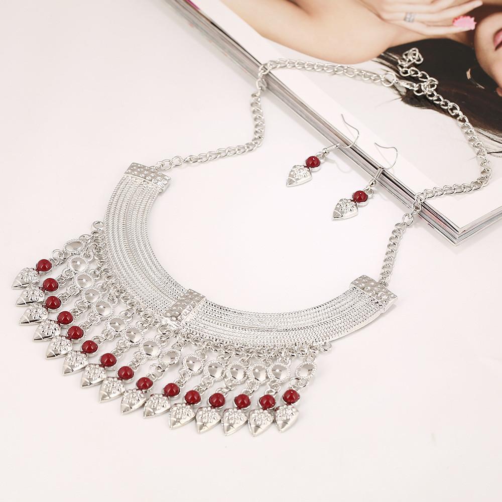 Necklace Fashion Tassel Eardrop Set With Layered Chain And Gemstone Details