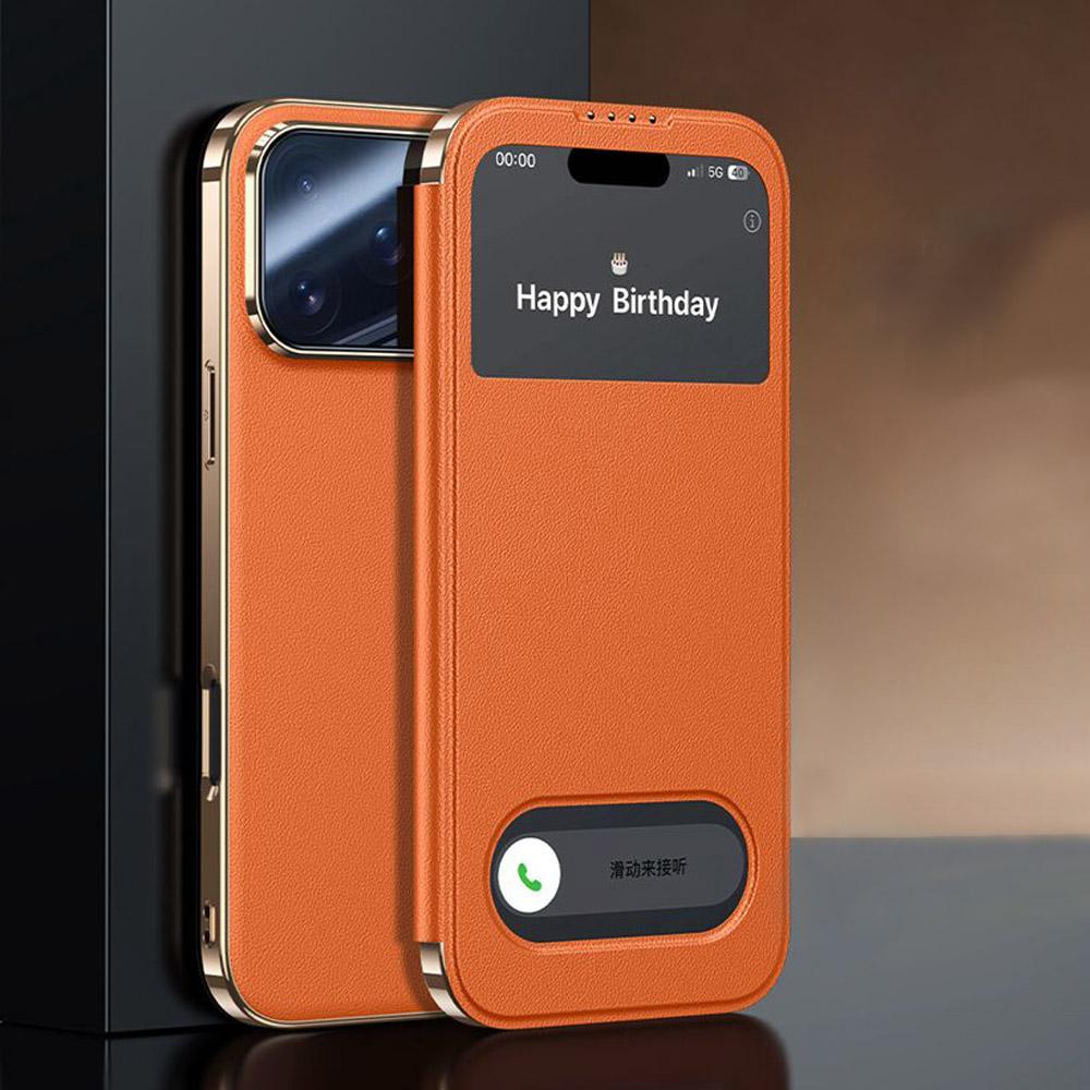 Funda de Cuero Genuino para iPhone 17 Pro Max, Funda Magnética con Ventana de Visualización Coque para iPhone17 17Pro, Tapa Flip con Protector de Lente