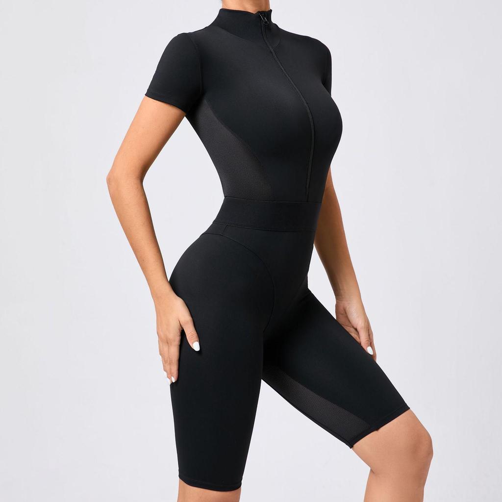Women's Waist-Hugging Open-Neck Short-Sleeve Mesh Patchwork Yoga Jumpsuit - Fitness Sportswear