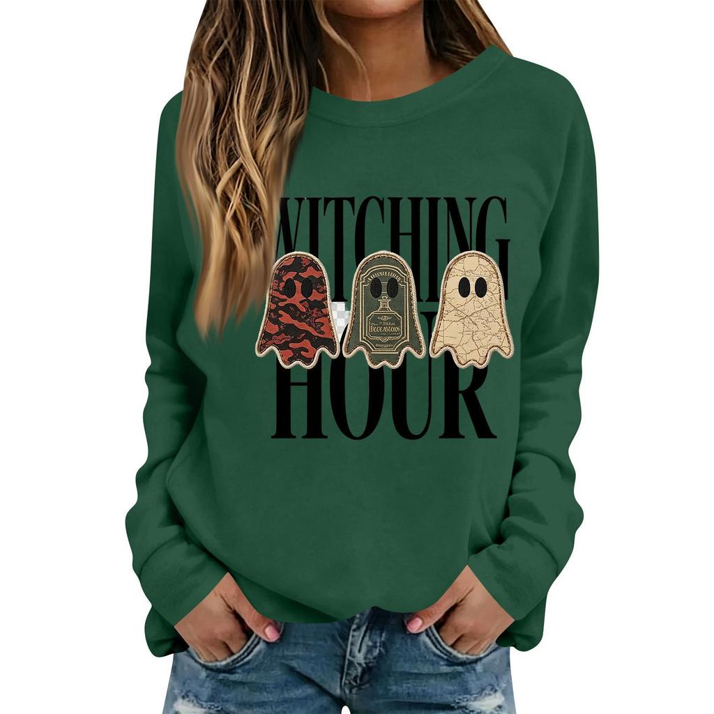 Women's Casual Halloween Print Long Sleeve Crewneck Top for Fall Party and Everyday Wear
