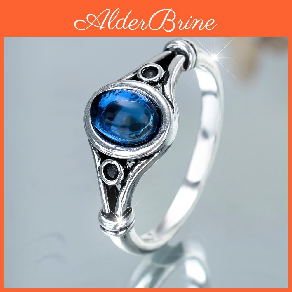 Blue Oval Rings Vintage Stones For Women Antique Silver Color Party Engagement Wedding Ring Jewelry