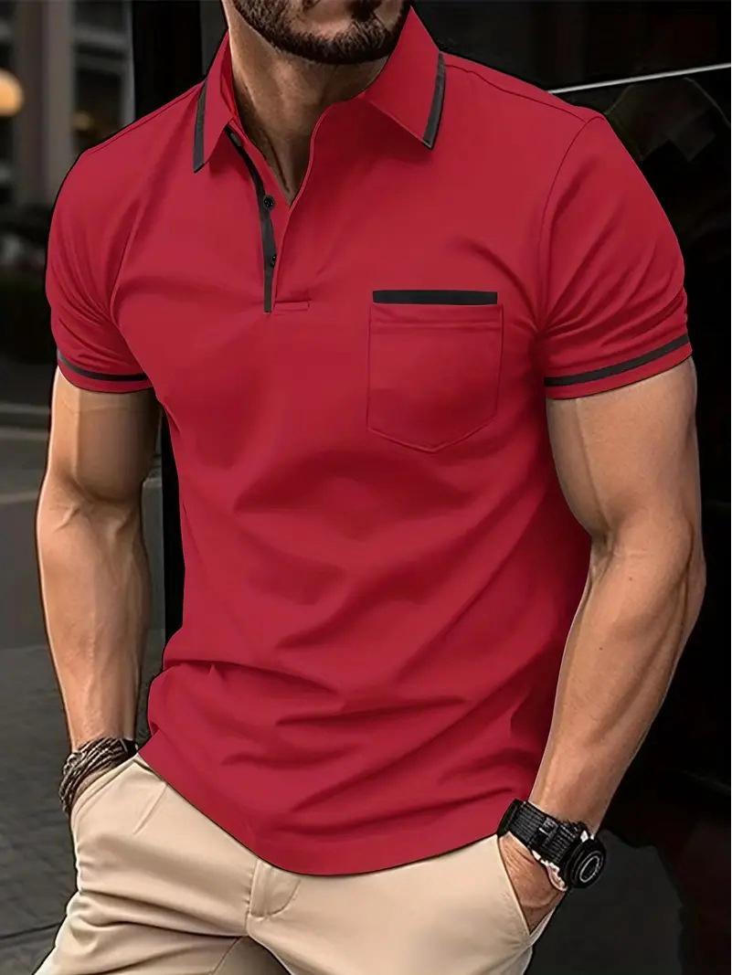

2025 Color Block Pocket Men s Summer Casual Polo Sweatshirt Large вино красного
