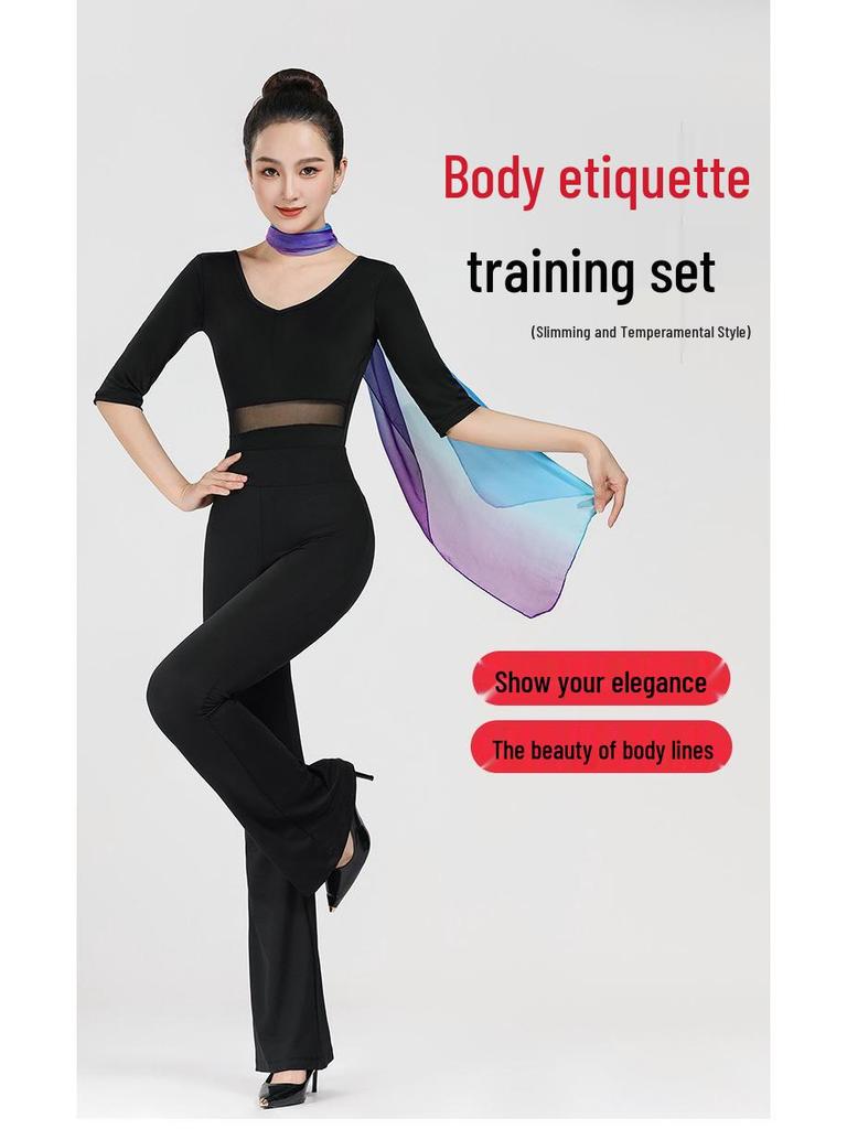Women's V-Neck Short Sleeve Dance Outfit with Black Flared Pants