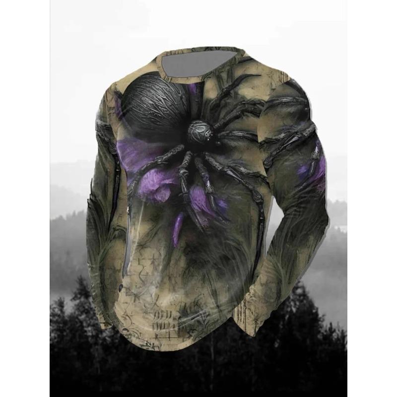 Spring and Autumn Round Neck Halloween Fun Horror Pattern 3D Printed Top Fashionable Casual Long Sleeved Men's T-shirts