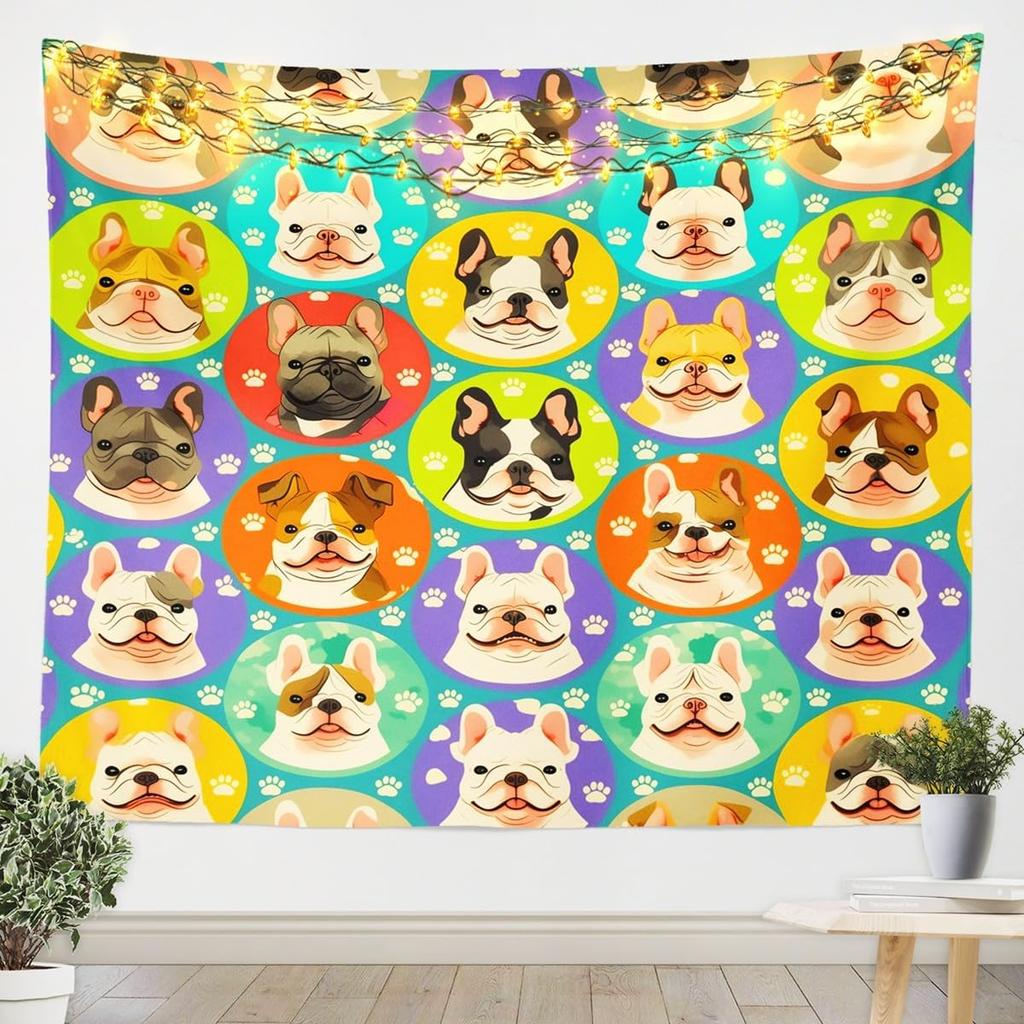Colorful French Bulldog Tapestry Cute Frenchie Dog Faces Print Wall Hanging For Dog Lovers Bedroom Living Room Home Decor