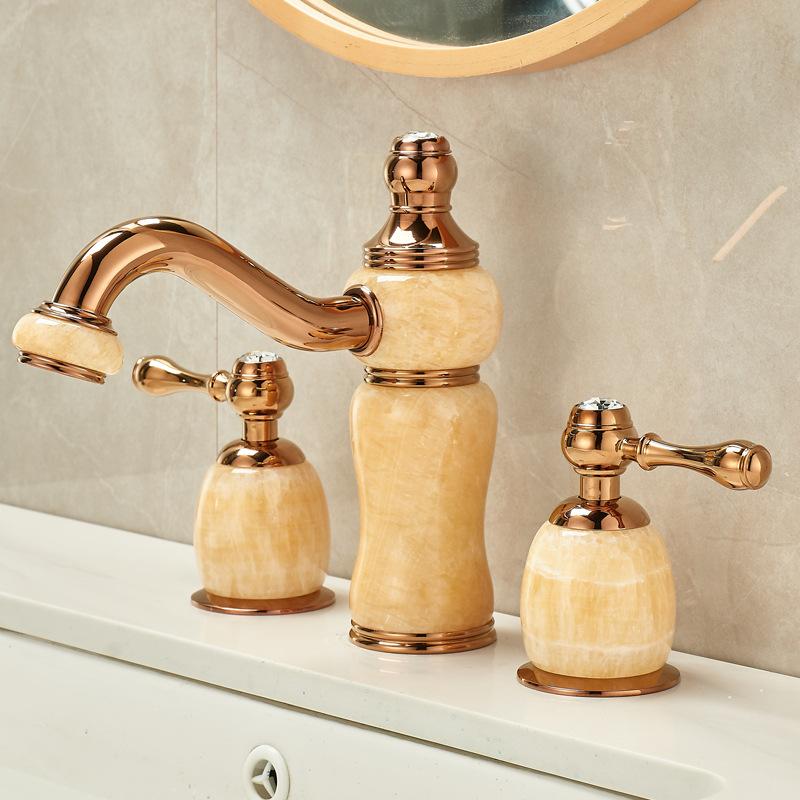 Basin Faucet Gold Brass Jade Bathroom Sink Faucet 3 Hole Widespread Basin Mixer Double Handle Hot And Cold Water Tap New Arrival