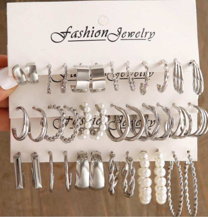 60 Stück/Set Modische Ohrringe Für Damen Boho Vintage Silberfarbe Geometrisches Design Perle Strass Steckerohrringe Schmuck Geschenke Neu