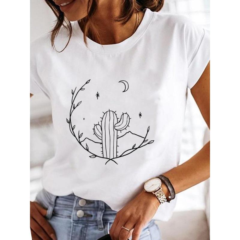 Spring Summer Women's Clothing Love Flower Plant Printed Casual Simple Trendy Top Round Neck Pure Cotton Short Sleeved T-Shirts Women’s