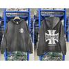 Vintage West Coast Hooded Zip-Up Sweatshirt With Sanskrit Script Print Relaxed Fit Cotton Pullover Men