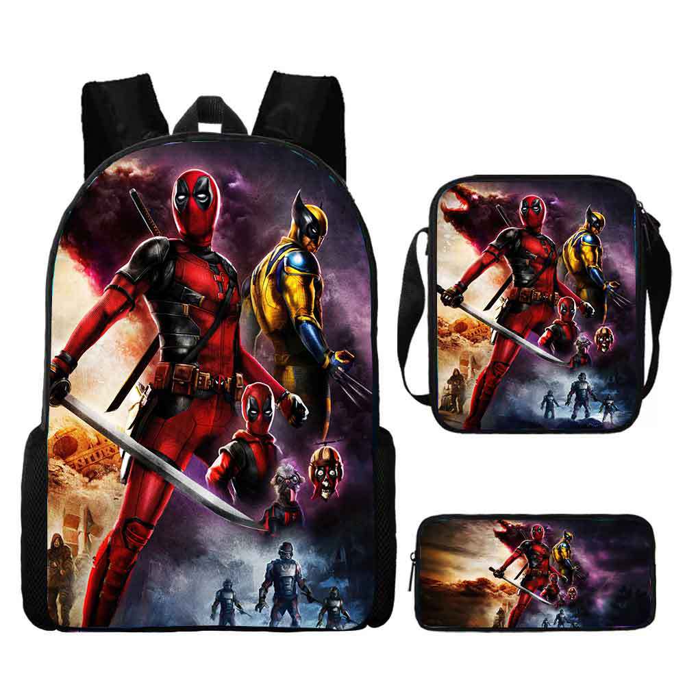 Deadpool Schoolbag, Elementary School Student Backpack, Satchel, Pencil Bag, Three-piece Set, Cartoon Children's Bag, Large-capacity Hot Sale