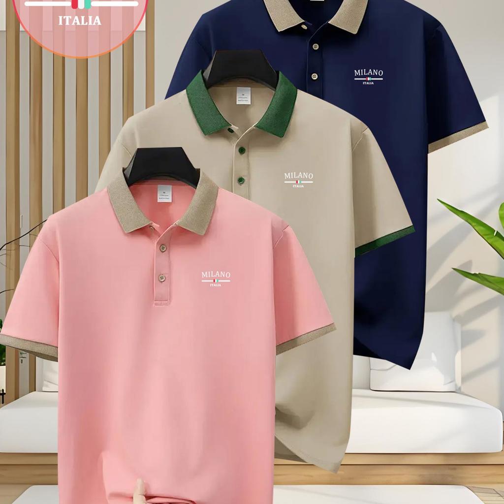 3 Pcs Men'S Polo Shirts Featuring Print Design - Short-Sleeve & Button-Collared Golf Shirt, Perfect for Business Casual Wear