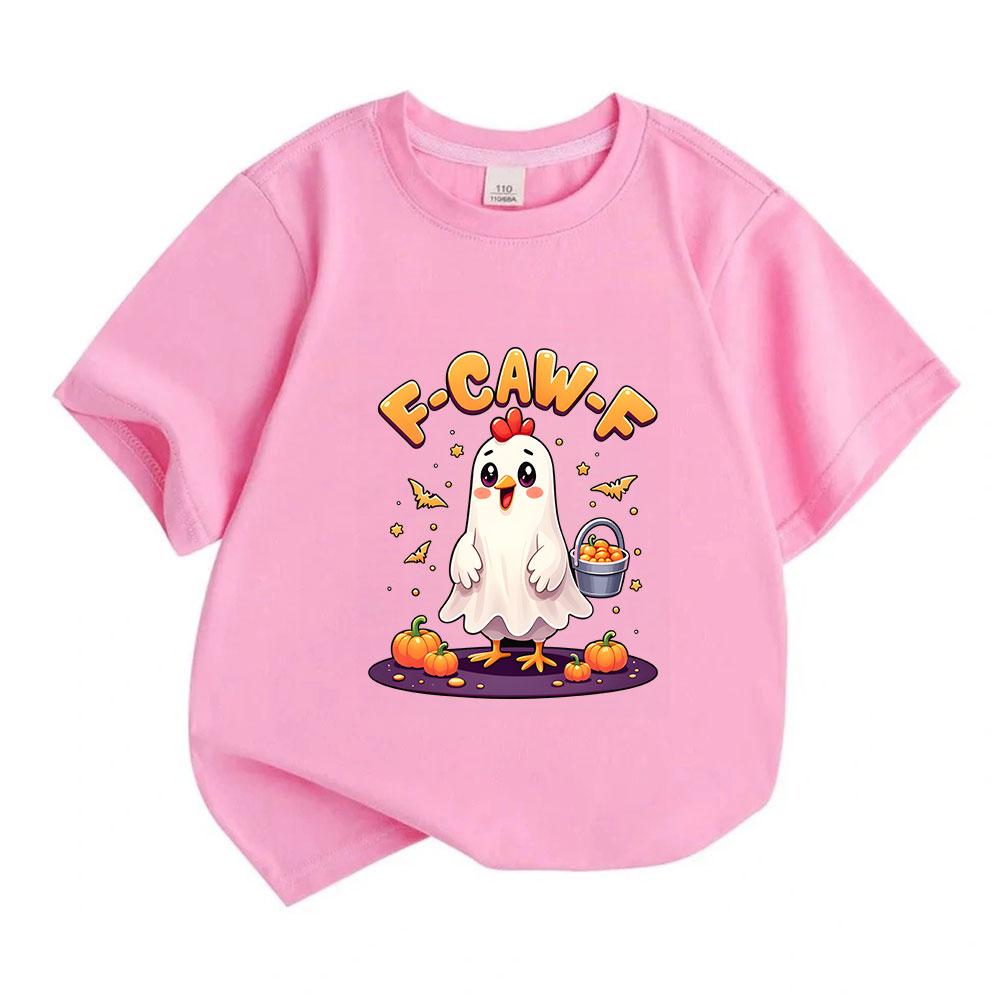 Kids Boys Girls 100% Cotton Short Sleeve Crew Neck T-Shirt, Funny F-Caw-F Ghost Chicken Cartoon Print Halloween Casual Tee with Pumpkin Trick Treat Pa
