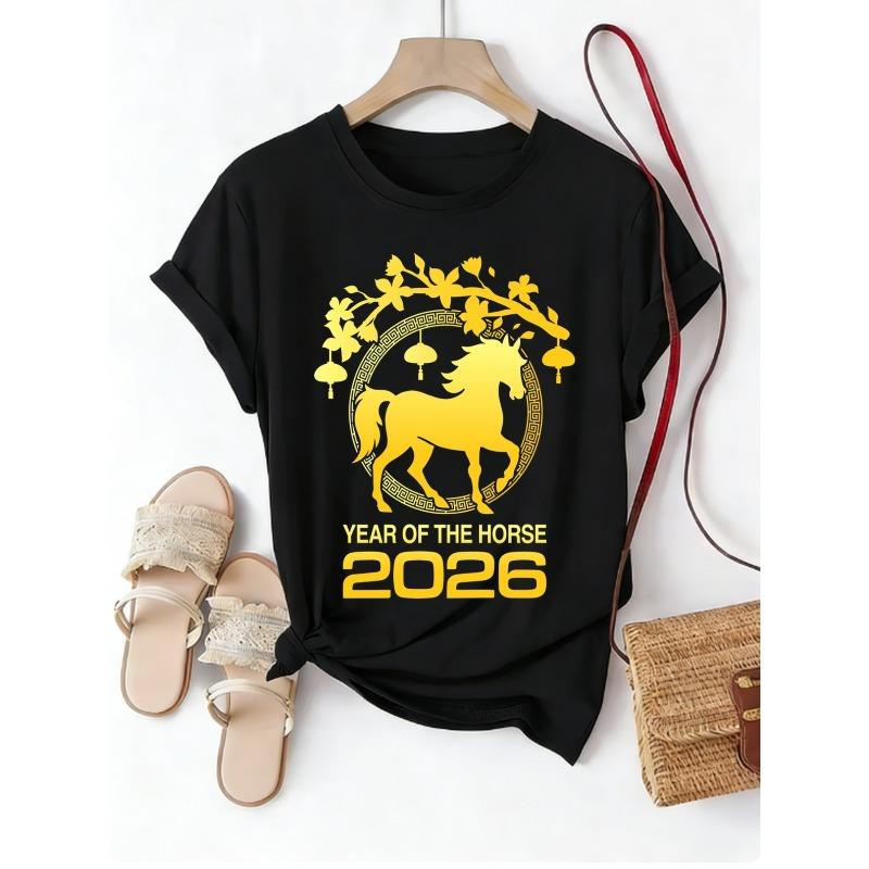 

European Size T-Shirt Year of The Horse 2026 Chinese New Year Design Golden Horse Print Casual Fashion Top for Women Holiday Gift New Year Gift S чёрный