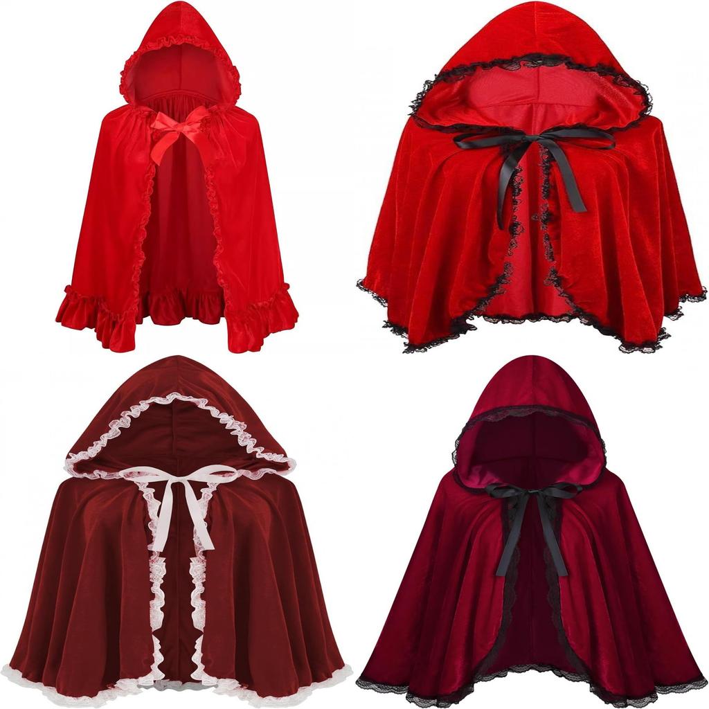 Lussuoso Mantello Corto con Cappuccio e Bordi in Pizzo Rosso Vino per Donna Perfetto per Halloween e Altro