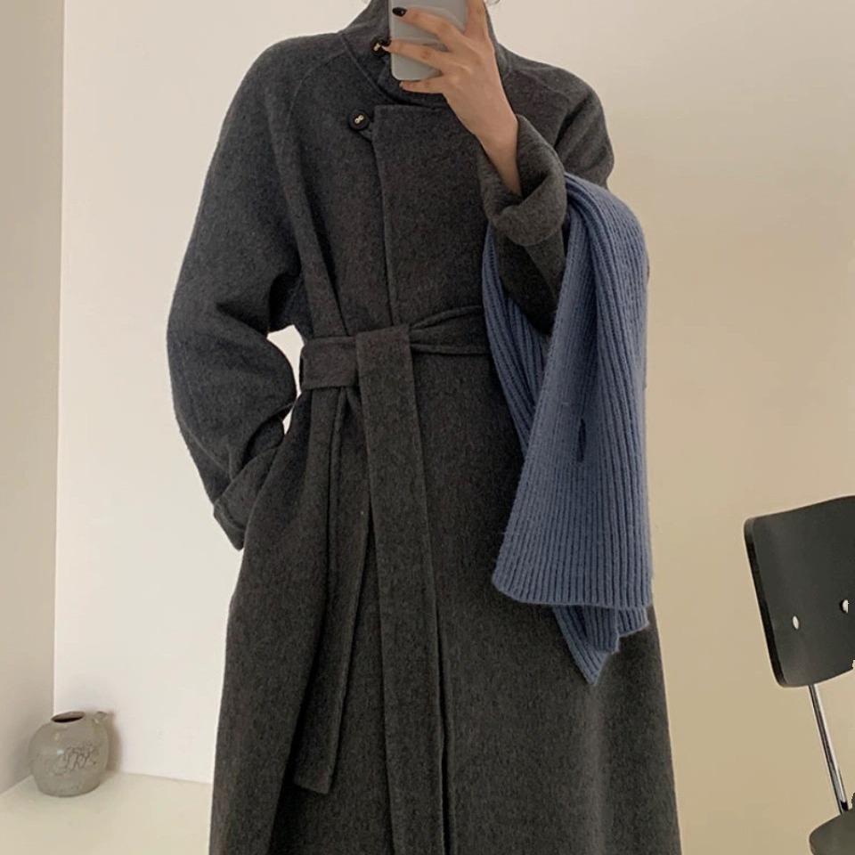 

Осенне-зимнее женское двухстороннее шерстяное пальто, длинная выше колена теплая куртка с воротником-стойкой M