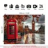 2D Red Phone Booth & Big Ben Tapestry, Autumn London Street Wall Decor for Home