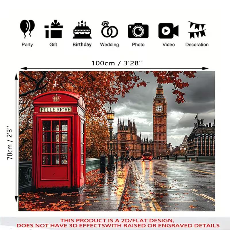 2D Red Phone Booth & Big Ben Tapestry, Autumn London Street Wall Decor for Home