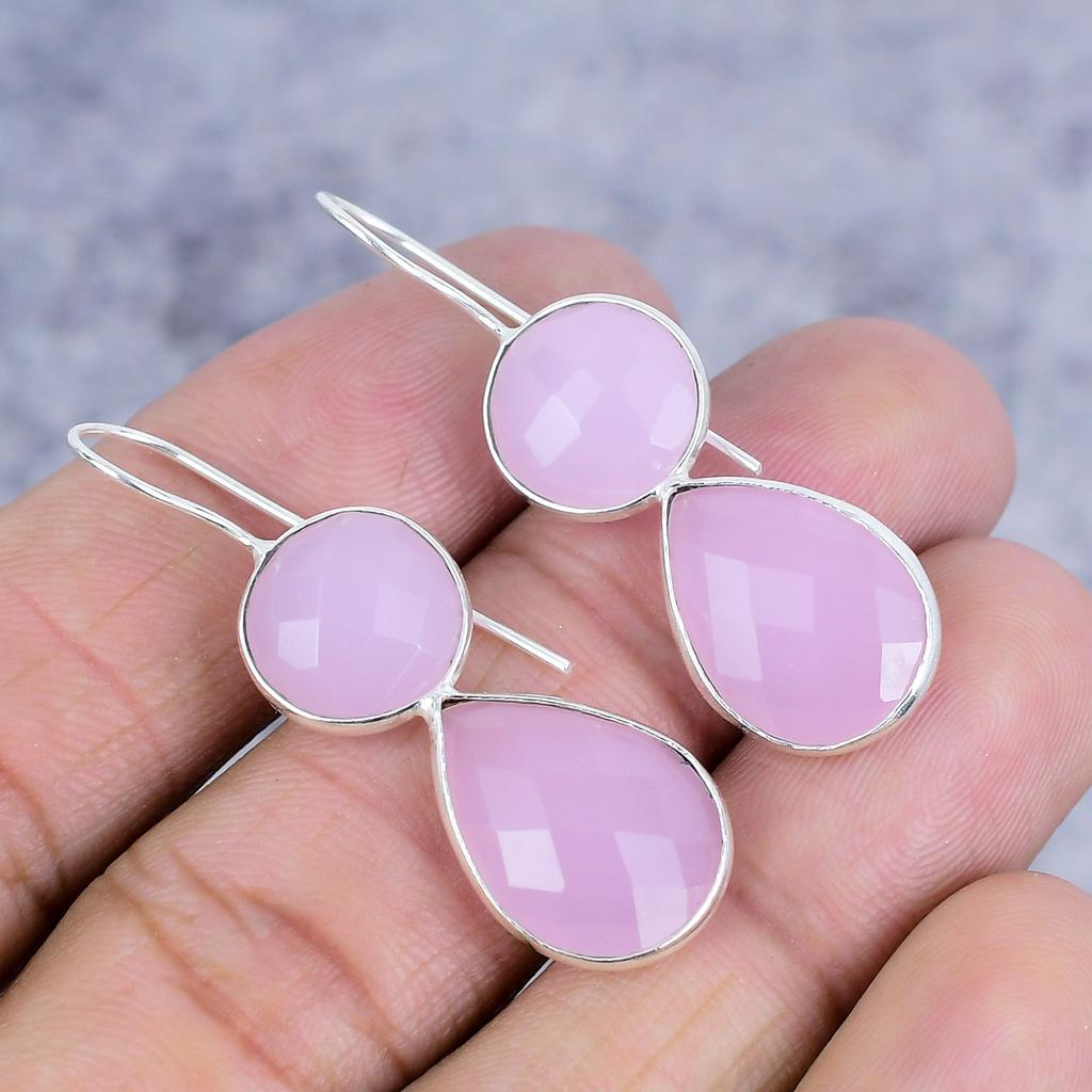Pink Chalcedony Gemstone Handmade 925 Sterling Silver Jewelry Earring 1.77" M-2628