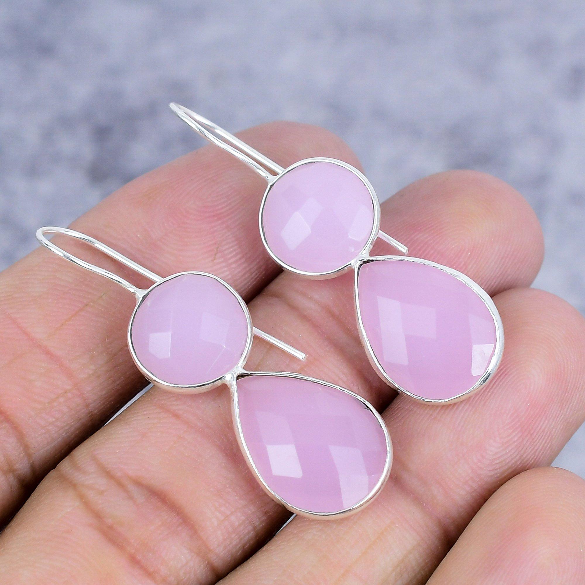 

Pink Chalcedony Gemstone Handmade 925 Sterling Silver Jewelry Earring 1.77 M-2628