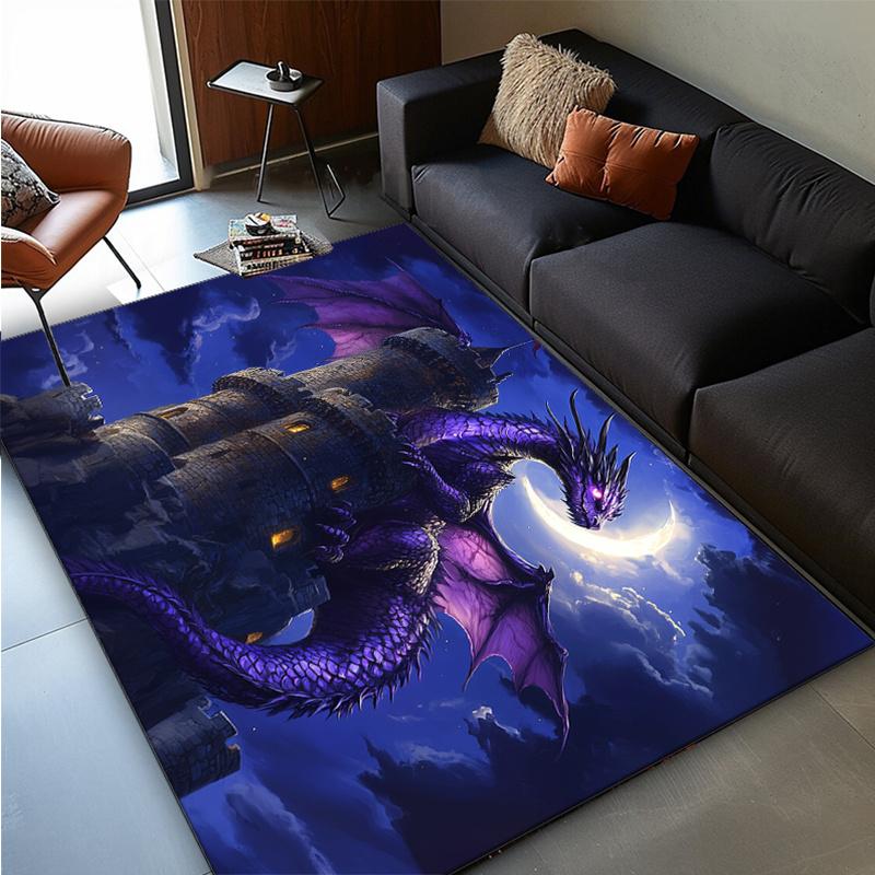 Purple Dragon On Castle Night Sky Printed Flannel Rug Machine Washable Durable Soft Carpet For Living Room Bedroom Fantasy Deco