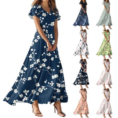 Damen Sommer Casual Fashion Print Farbe Kleider V-Ausschnitt Kurzarm Kleider