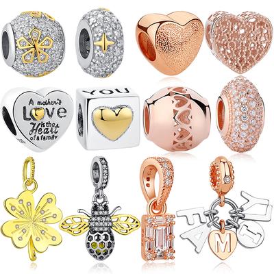 Original 925 Sterling Silver Bead Charms Rose Gold Family Clover Heart Bee Charm Fit Bracelet Pendant DIY Jewelry Making